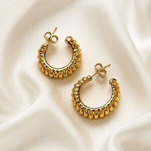 Gold Textured Hoop Earrings • Bold Beaded Design • Chic Statement Jewelry